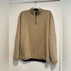 Hathaway Men Size L Tan 1/4 Zip Cotton Pullover Sweater Contrast Brown Topstitch